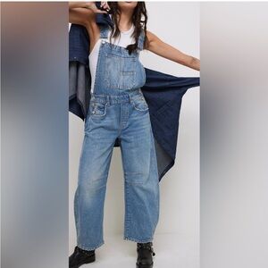 We The Free Good Luck Denim Square Neck Barrel Leg Overalls, SIZE XL